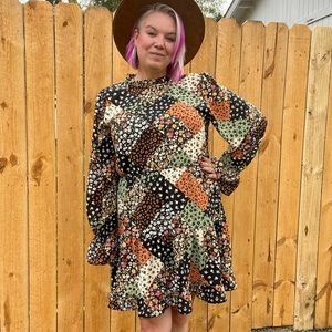 Haptics Black & Olive Patchwork Print Mock Neck Dress